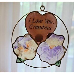 I Love You Grandma Window Hanging Pansy Flowers 4" Metal & Mixed Media By Paula